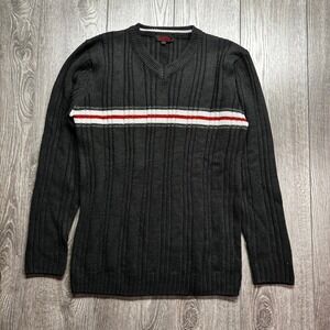 Vintage Y2K Meta Black Ribbed V-Neck Medium Sweater Red White Stripe Mens Surf